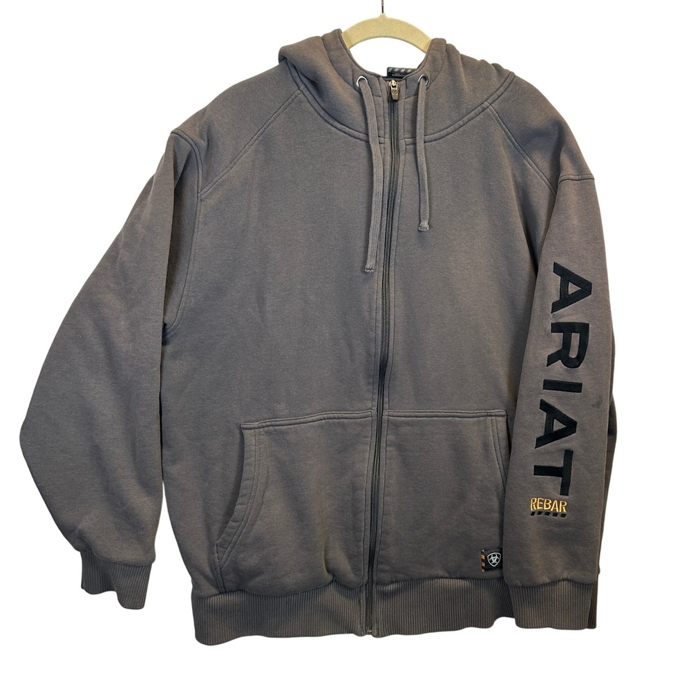 Ariat Rebar Mens Full Zip Hoodie Gray Logo Sleeve Heavyweight Workwear Jacket XL